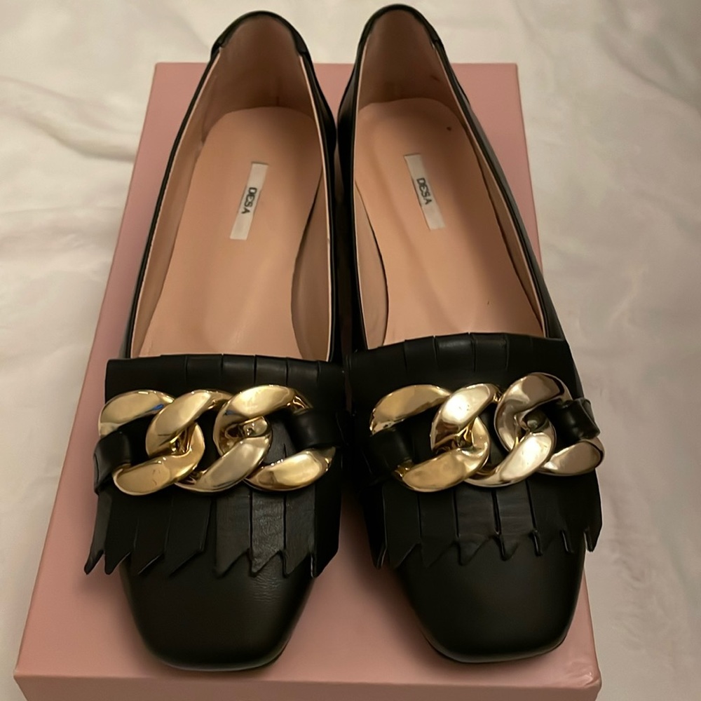 DESA BLACK LEATHER FRINGE LOAFER BALLET SHOE GOLD CHUNKY CHAIN NIB  38 71/2. 8
